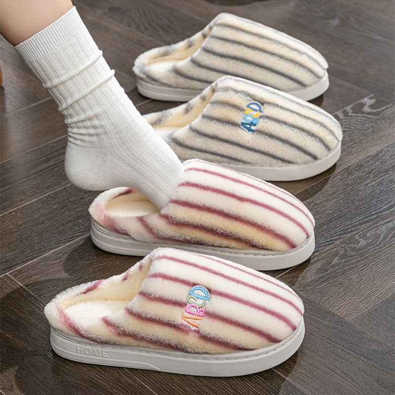 Ins Plush Striped Slippers Winter Warm Letter Embroidered Shoes Fashion Floor Bedroom Home Slipper For Women Men Couples